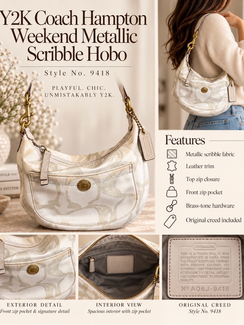 Coach Hampton Weekend Metallic Scribble Hobo — White/Gold